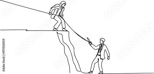 Arabian businesswoman climbs cliff with rope. Almost successful. Rudely dropped by a business friend. Fake partner. Worst teamwork. One line draw graphic design vector