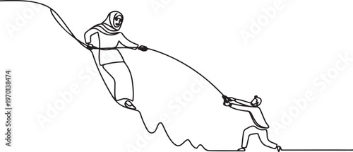 Arabian businesswoman climbs cliff with rope. Almost successful. Rudely dropped by a business friend. Fake partner. Worst teamwork. One line draw graphic design vector