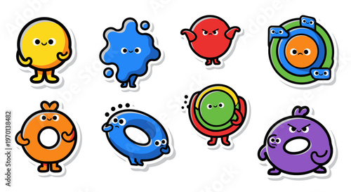 Cute cartoon characters stickers, funny monsters, abstract shapes, bright colors, isolated on white