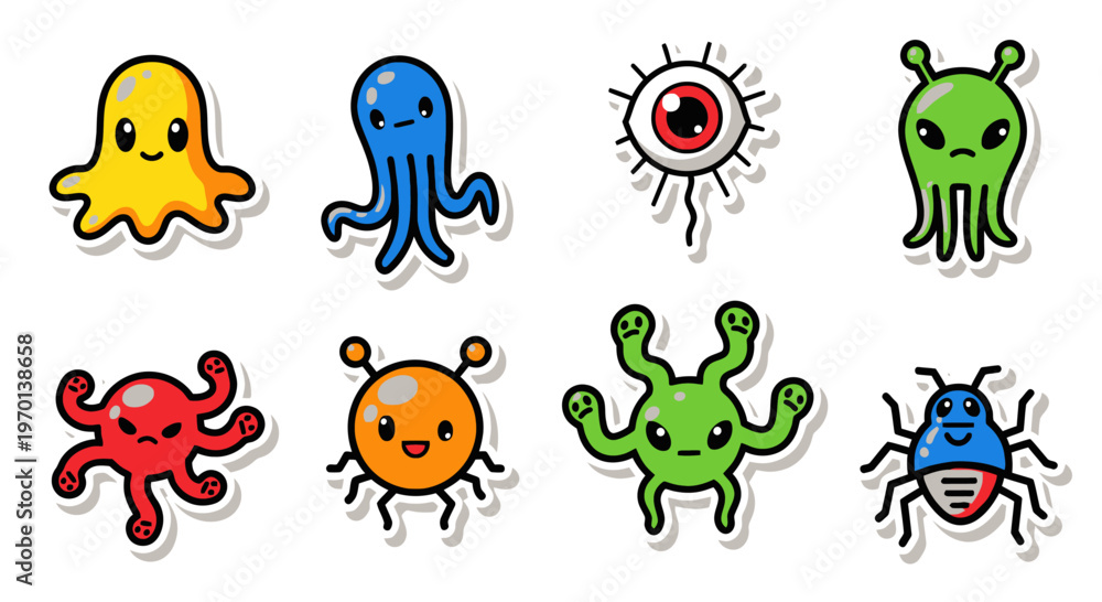 Obraz premium Cute cartoon aliens and monsters vector collection, fun characters, sticker style