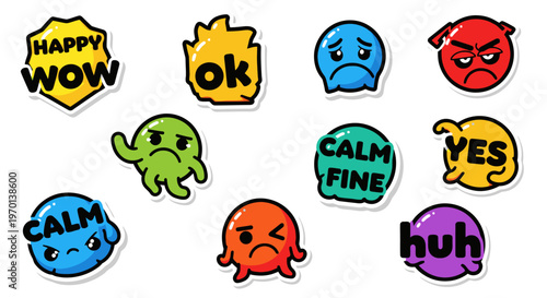 Collection of Cute Cartoon Emoticon Stickers with Different Emotions