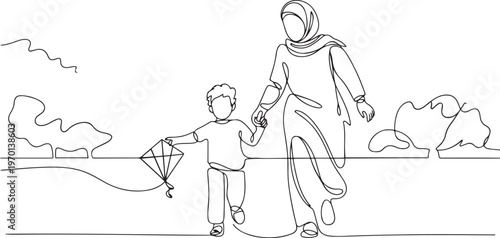 Arabian mother and her son playing kite at outfield park together vector illustration. Happy Islamic muslim family parenting concept. One line draw graphic design vector