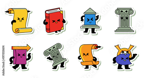 Cute Ancient History Icons: Scroll, Book, Column, Helmet, Arrow