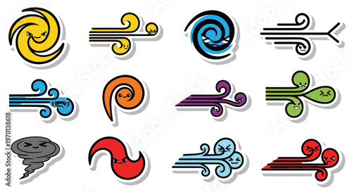 Cartoon Wind Icons Set: Storm, Breeze, Cyclone, Gusts, Weather Symbols