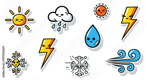 Cute Weather Icons: Sun, Rain Cloud, Lightning, Snowflake, Wind, Water Drop