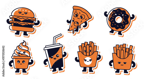 Cute Kawaii Fast Food Characters: Burger, Pizza, Donut, Fries, Ice Cream, Soda