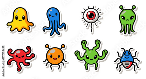 Cute cartoon aliens and monsters vector collection, fun characters, sticker style