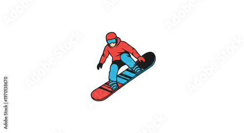 A cartoon illustration of a young snowboarder performing an extreme jump action during a fun winter mountain competition isolated on a white background