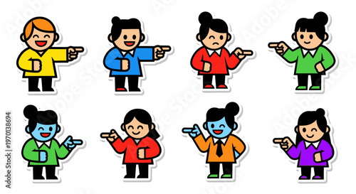 Diverse Cartoon Characters Pointing Fingers, Expressing Emotions and Actions