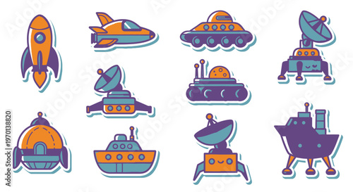 Pixel Art Spacecraft Icons: Rockets, UFOs, Rovers, and Satellites