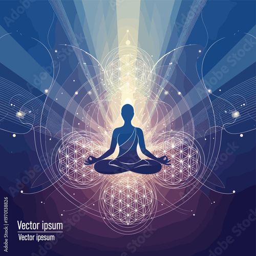 A serene silhouette of a person meditating in a lotus pose, surrounded by sacred geometry, glowing light, and spiritual energy patterns.