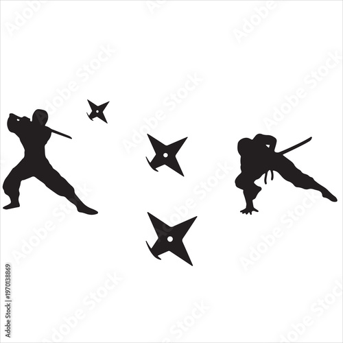 Black Silhouettes of Ninjas in Combat Poses with Swords and Shuriken