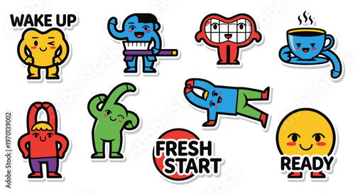 Funny Cartoon Characters and Coffee Cup Sticker Collection