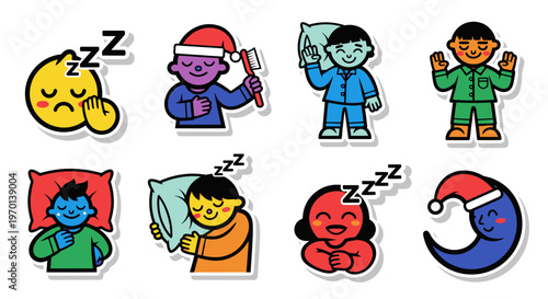 Cute Sleepy Characters & Moon Icons: Bedtime Routine, Pajamas, Dreams