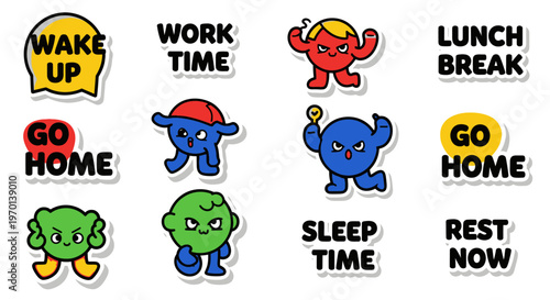 Cute Cartoon Characters with Text Phrases for Daily Routine - Wake Up, Work, Lunch, Home, Sleep