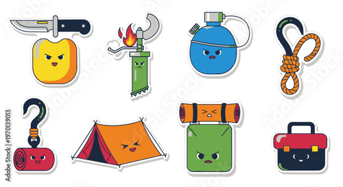 Camping Gear Stickers with Angry Faces: Tent, Knife, Gas Stove, Rope, Backpack