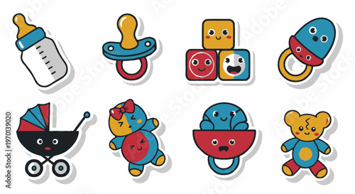 Cute Baby Icons: Bottle, Pacifier, Stroller, Teddy Bear, Blocks, Food Feeder