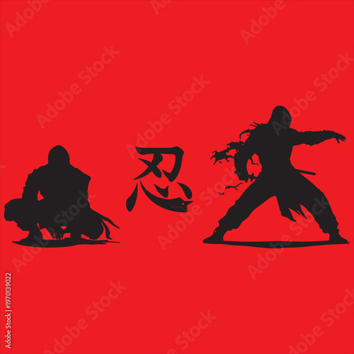 Ninja Warrior Silhouettes with Japanese Kanji - Stealthy Shinobi Assassin Poses on Red Background Vector Illustration