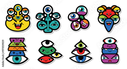 Funny Cartoon Monsters with Many Eyes - Set of 8 Unique Sticker Designs