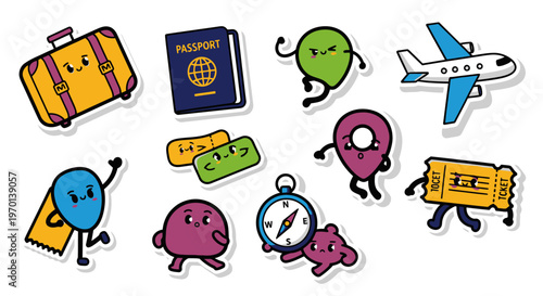 Cute Travel Stickers: Luggage, Passport, Airplane, Tickets, Compass, Location Pin