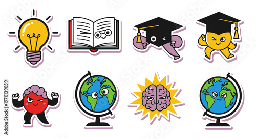 Education and Knowledge Icons: Lightbulb, Book, Graduation Caps, Globes, Brain, Stick Figure