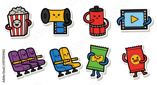 Cute Movie Night Icons: Popcorn, Film Reels, Seats, Snacks - Vector Sticker Set