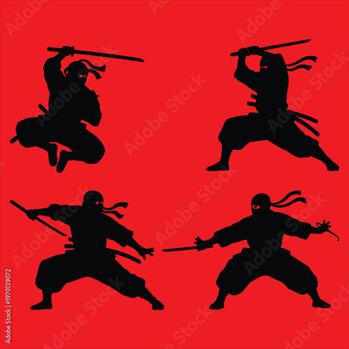 Ninja Samurai Silhouettes Set - Japanese Shinobi Warrior Poses with Katana Swords Action Vector Collection