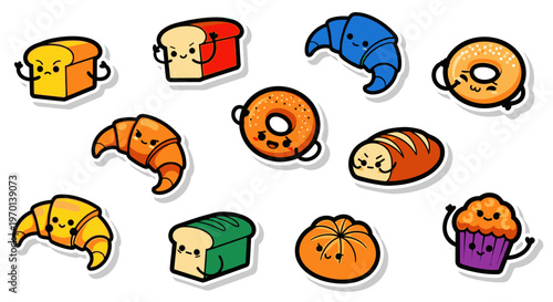 Cute Kawaii Bakery Food Stickers: Bread, Croissants, Donuts, Muffin