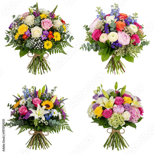 Four colorful flower bouquets on transparent background