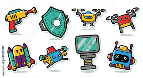 Retro Game Icons: Spaceship, Robot, Drone, Shield, Blaster, Monitor