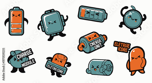 Cute Cartoon Battery Characters with Cute Faces, Energy, Power, Technology, and Tech Icons