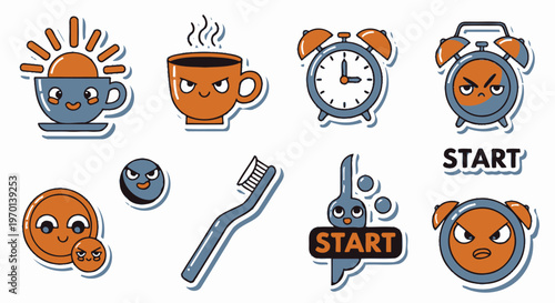 Cute Morning Routine Stickers: Sun, Coffee, Alarm Clock, Toothbrush, Start
