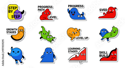 Cute Cartoon Characters Illustrating Growth, Progress, and Learning Stages