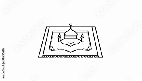Minimalist Islamic prayer mat icon with mosque silhouette, black and white vector symbol, clean modern UI design