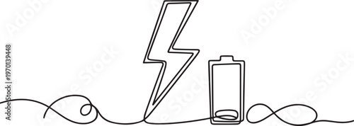 Creative One Line Drawing of Electric Lightning and Charging Battery Connected with Curved Wire. One line draw graphic design vector
