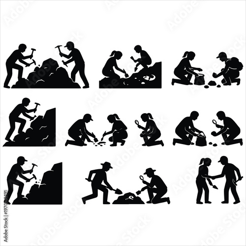 Set of men and women excavating, digging, using pickaxes, brushes, and magnifying glasses to discover fossils and artifacts