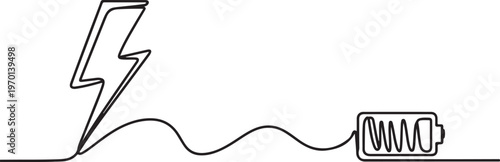 Creative One Line Drawing of Electric Lightning and Charging Battery Connected with Curved Wire. One line draw graphic design vector