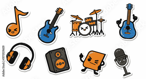 Cute Musical Instruments and Accessories Stickers with Funny Faces
