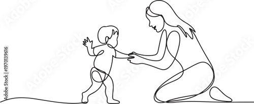 mother mom teaching child to walk and playing. One line art of love parenting family concept vector illustration. One line draw graphic design vector