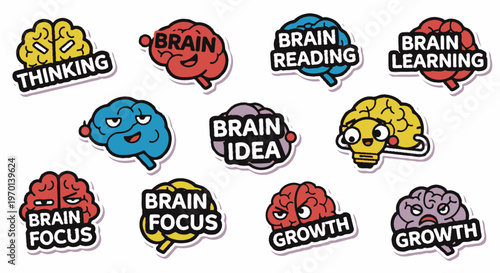Collection of cartoon brain stickers representing thinking, learning, and ideas