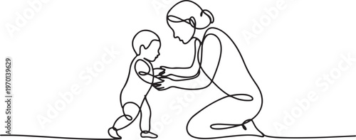 mother mom teaching child to walk and playing. One line art of love parenting family concept vector illustration. One line draw graphic design vector