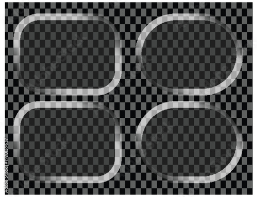Set of glassmorphism frames, frosted glass plates, transparent. Glass rounded square button set on transparent background. Glow sign up with effect design and glass liquid elements. Gradient line aest