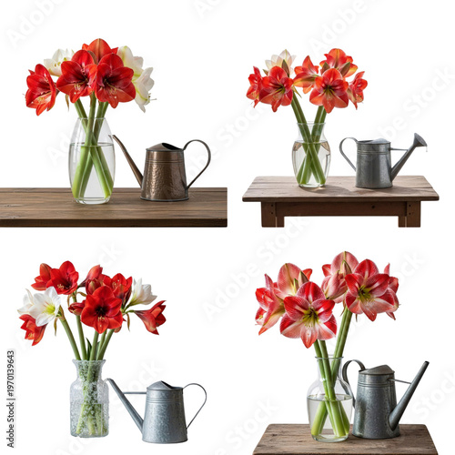 Amaryllis flowers in vases with watering cans