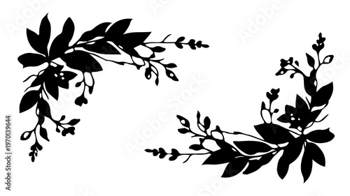 vector template. Two matching sets of botanical decorative corner elements, featuring black silhoutte with hand-drawn flat design style