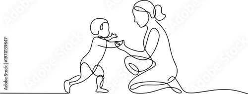 mother mom teaching child to walk and playing. One line art of love parenting family concept vector illustration. One line draw graphic design vector