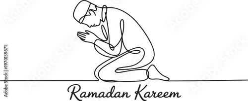 Muslim Praying Line Art. Ramadan Kareem  One line draw graphic design vector