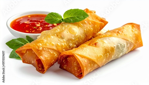 crispy fried asian spring rolls with red dipping sauce