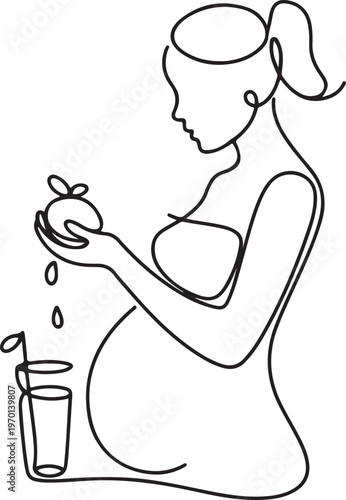 One continuous single drawing line art flat doodle healthy eating, pregnant, woman, adult, fruit, squeezing, drink. Isolated. One line draw graphic design vector