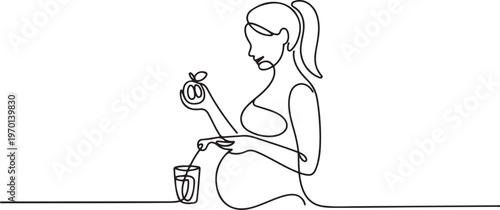 One continuous single drawing line art flat doodle healthy eating, pregnant, woman, adult, fruit, squeezing, drink. Isolated. One line draw graphic design vector