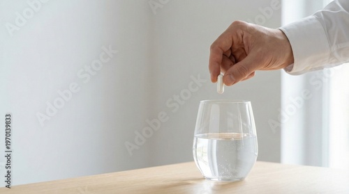 A person's hand in a white shirt dropping a white capsule into a glass of water on a wooden table. Wide banner format with copy space for pharmaceutical advertisements, medical education, or supplemen